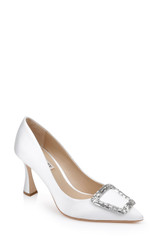 White | Aubree Pointed Toe Stiletto Pumps with Crystal Buckle