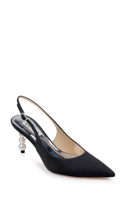 Black | Beatrix Pointed-Toe Slingback Heels with Pearl-Beaded Heel Front Side