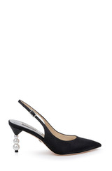 Black | Beatrix Pointed-Toe Slingback Heels with Pearl-Beaded Heel Side