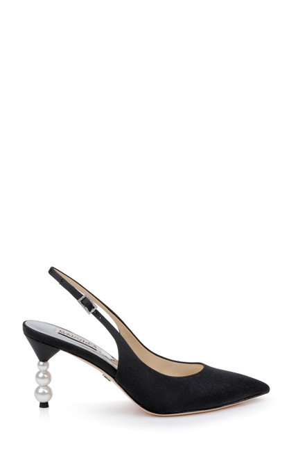 Black | Beatrix Pointed-Toe Slingback Heels with Pearl-Beaded Heel Side