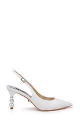 White | Beatrix Pointed-Toe Slingback Heels with Pearl-Beaded Heel Side