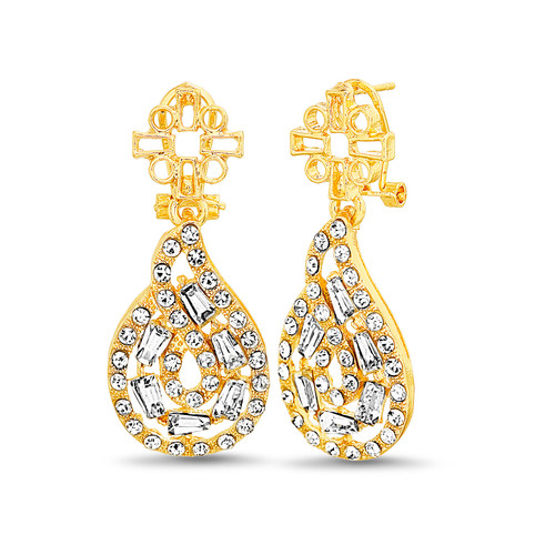 Gold | Baguette Crystal Filagree Drop Earrings