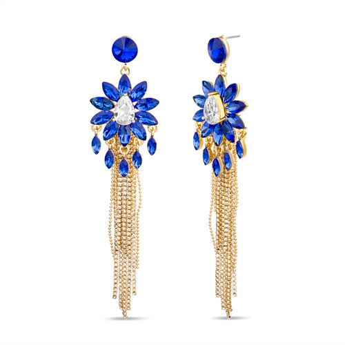 Gold | Floral Linear Cobalt Fringe Earrings