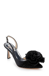 Black | Blaire Pleated Satin Slingback Heels with Floral Detail Front Side