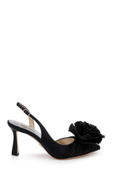Black | Blaire Pleated Satin Slingback Heels with Floral Detail Side