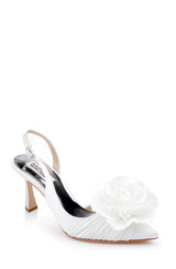White | Blaire Pleated Satin Slingback Heels with Floral Detail Front Side