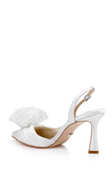 White | Blaire Pleated Satin Slingback Heels with Floral Detail Back Side
