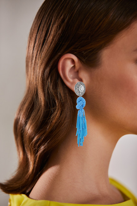 Blue | Seed Bead Earrings with Knotted Tassel