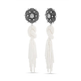 White | Intricate Post Earrings with Knotted Seed Bead Tassel