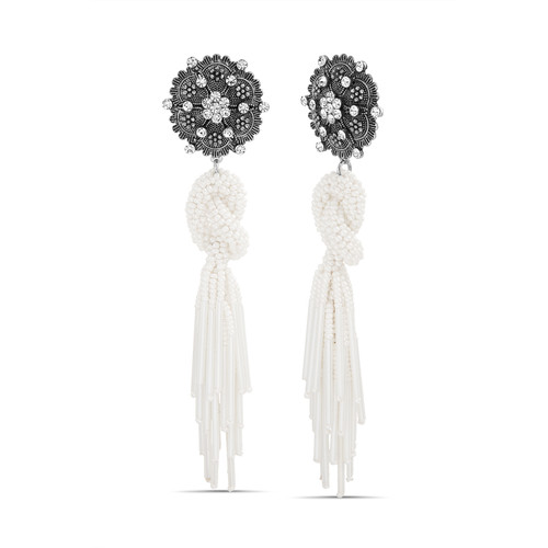 White | Intricate Post Earrings with Knotted Seed Bead Tassel