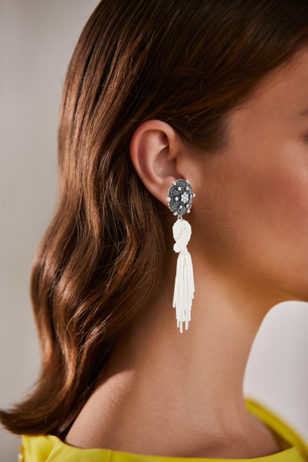 White | Intricate Post Earrings with Knotted Seed Bead Tassel