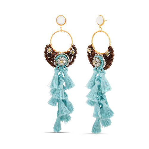 Blue | Wood Bead and Blue Raffia Tassel Earrings with Mixed Stone Accents