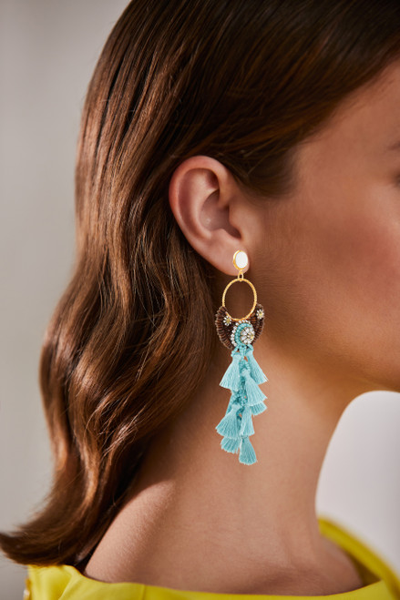 Blue | Wood Bead and Blue Raffia Tassel Earrings with Mixed Stone Accents