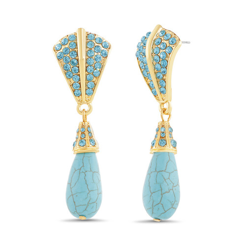 Gold | Blue Stones and Turquoise-Style Teardrop Pendant Earrings
