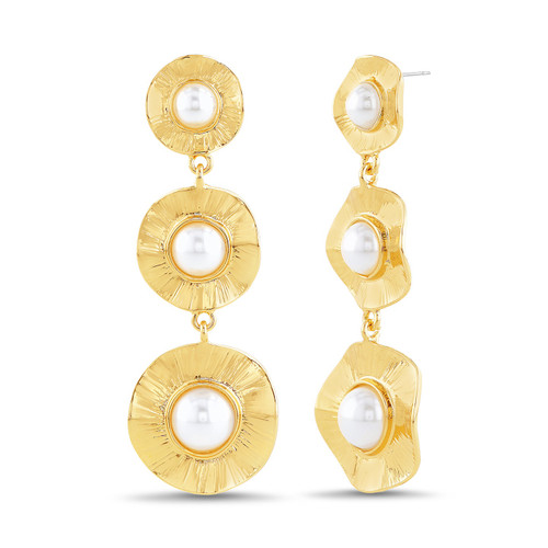 Gold | Gold-Tone Textured Drop Earrings with Center Pearl Accents