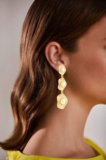 Gold | Gold-Tone Textured Drop Earrings with Center Pearl Accents Model