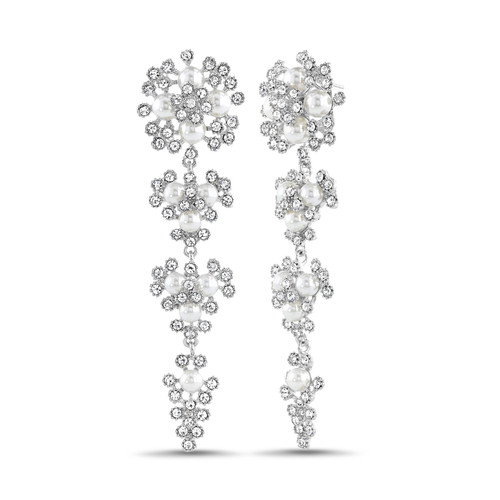Silver | Elegant Floral Drop Earrings with Pearls and Gemstones