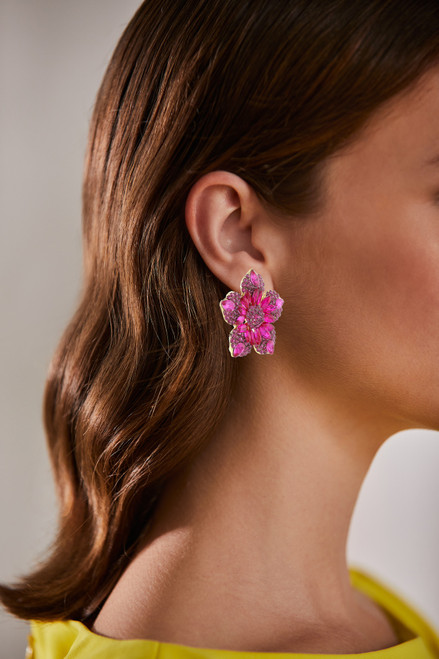Pink | Pink Stone Flower Stud Earrings Model