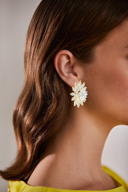 Gold | Floral Marquise-Cut Clear Stone Stud Earrings Model
