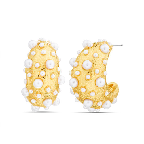 Chunky Metal Pearl C Hoop Earring Front