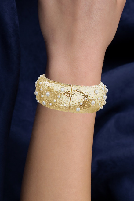 Gold | Scattered Pearl Statement Hinge Bracelet Model