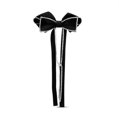 Black | Long Velvet Bow Barrette with Rhinestone Chain