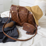 Brown Madalyn Vegan Leather Pouch Belt Bag with weekend bag