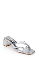 Silver | Briella II Metallic Crisscross Strap Block Heel Mules