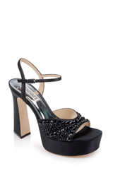 Black | Bryleigh Satin Platform Block Heels with Bejeweled Vamp