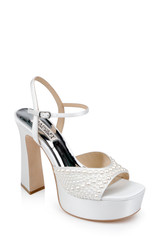 White | Bryleigh Satin Platform Block Heels with Bejeweled Vamp