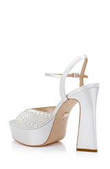 White | Bryleigh Satin Platform Block Heels with Bejeweled Vamp