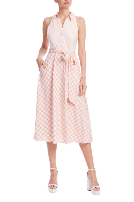 Peach Multi | Peach Gingham Sleeveless Midi Dress with Waist Tie Front