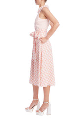 Peach Multi | Peach Gingham Sleeveless Midi Dress with Waist Tie Side