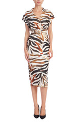Bronze Multi | Zebra Print Midi Shirt Dress with Belt Front