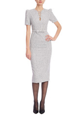 White Black | Speckled Knit Lace-Up Neck Midi Dress Front