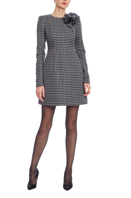 Navy Ivory | Plaid Long Sleeve Mini Dress with Floral Detail Front