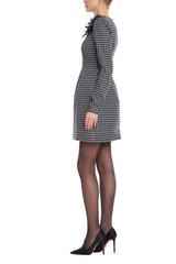 Navy Ivory | Plaid Long Sleeve Mini Dress with Floral Detail Side