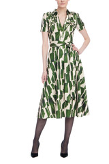 Emerald Multi | Geometric Print Midi Shirtdress with Tie Waist Front