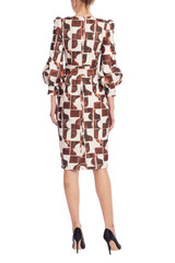 Brown Multi | Geometric Print Midi Dress with Self-Tie Belt Back