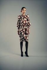 Brown Multi | Geometric Print Midi Dress with Self-Tie Belt Runway