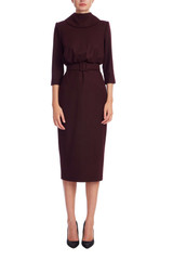 Wine | Mock Neck Belted Midi Sheath Dress Front