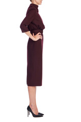 Wine | Mock Neck Belted Midi Sheath Dress Side