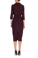 Wine | Mock Neck Belted Midi Sheath Dress Back
