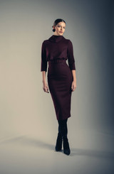 Wine | Mock Neck Belted Midi Sheath Dress Runway