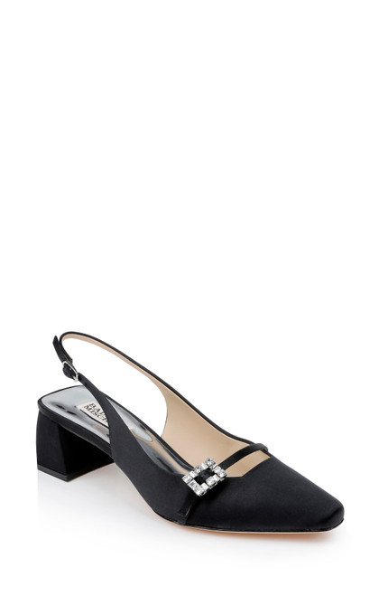 Black | Buena Slingback Block Heels with Crystal Buckle Front Side