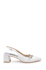 White | Buena Slingback Block Heels with Crystal Buckle Side