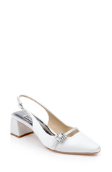 White | Buena Slingback Block Heels with Crystal Buckle Front Side