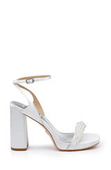 Soft White | Calida Satin Block Heels with Pearled Vamp