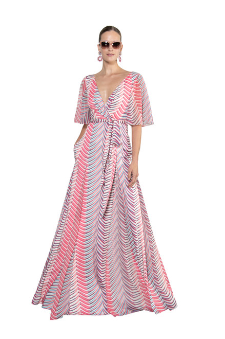 Coral Multi | Printed Elbow Sleeve Wrap Gown Runway