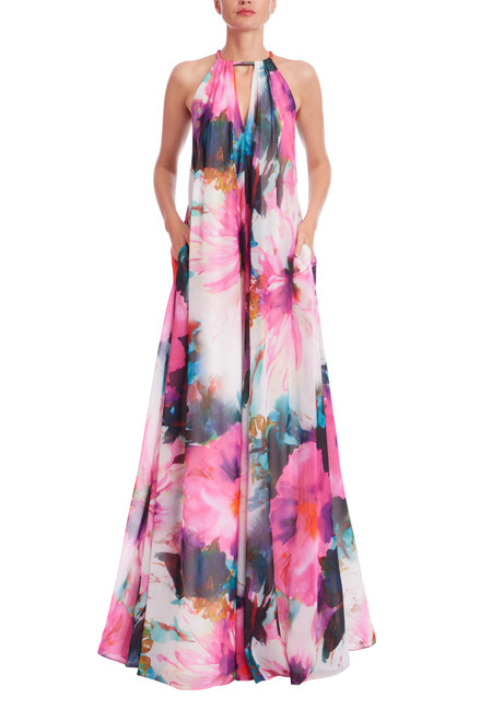 Fuchsia Multi | Racerback Printed Trapeze Gown Front